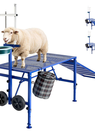 Goat Milking Stand, 600 lbs Heavy Duty Foldable Goat Stand with Ramp, Feed Bin & Wheels, Adjustable Headpiece & Basket, Stanchion for Grooming & Hoof Trimming, Metal Livestock Platform for Sheep