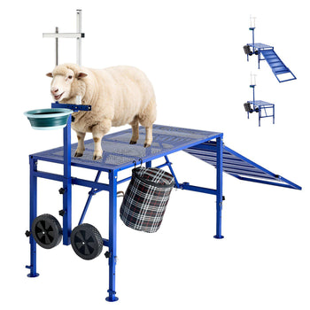 Goat Milking Stand, 600 lbs Heavy Duty Foldable Goat Stand with Ramp, Feed Bin & Wheels, Adjustable Headpiece & Basket, Stanchion for Grooming & Hoof Trimming, Metal Livestock Platform for Sheep