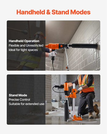Diamond Core Drilling Machine, 8 in Drilling Diameter, 2-in-1 Handheld & Stand-Mount Dry and Wet Concrete Core Drill Rig with 4 Drill Bits, 1075/2300 RPM 2-Speed, for Concrete Brick Stone, 1800W