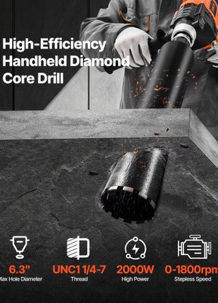 Diamond Core Drilling Machine, 0.8-6.3 in Drilling Diameter, Handheld Dry and Wet Concrete Core Drill Rig with 4 Drill Bits, 0-1800RPM Variable Speed, UNC1 1/4-7, for Concrete Brick Stone, 2000W
