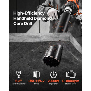 Diamond Core Drilling Machine, 0.8-6.3 in Drilling Diameter, Handheld Dry and Wet Concrete Core Drill Rig with 4 Drill Bits, 0-1800RPM Variable Speed, UNC1 1/4-7, for Concrete Brick Stone, 2000W