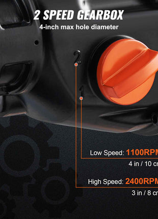 2-speed gearbox drill, 4-inch hole capacity, features black body with an orange speed dial for precision cutting.