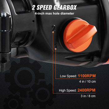 2-speed gearbox drill, 4-inch hole capacity, features black body with an orange speed dial for precision cutting.