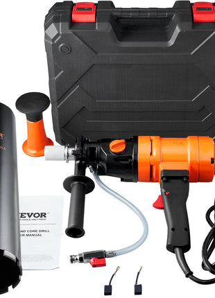 VEVOR 2100W orange and black diamond core drill with carrying case, manual, and accessories for masonry drilling.