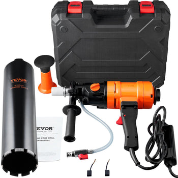 VEVOR 2100W orange and black diamond core drill with carrying case, manual, and accessories for masonry drilling.
