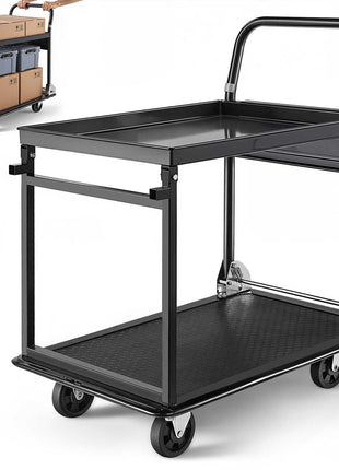 Foldable Push Cart Dolly, 700 lbs, Heavy Duty Platform Hand Truck with Wheels, High-Strength Steel, 2 Tier Moving Flatbed Cart, for Warehouse, Garage, Workshop, Office, 28.7 x 18.5 x 32.3 in