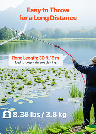 Lake Weed Cutter, Pond Aquatic Plant Cutting Tool with 48 in Max. Cut Width, Sharp and Heavy-Duty Steel Blades, Pond Rake with 30 ft Throw Rope, for Cattail, Phragmites, Lilly Pads & Chara