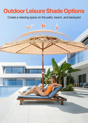 Tiki Umbrella, 9 ft Thatched Patio Umbrella with Tilt, 2-Tier Hawaiian Style Beach Parasol with PP Thatch and 8 Metal Ribs, Grass Pool Umbrellas for Beach, Patio, Poolside, Backyard & Garden