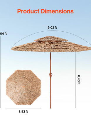 Tiki Umbrella, 9 ft Thatched Patio Umbrella with Tilt, 2-Tier Hawaiian Style Beach Parasol with PP Thatch and 8 Metal Ribs, Grass Pool Umbrellas for Beach, Patio, Poolside, Backyard & Garden