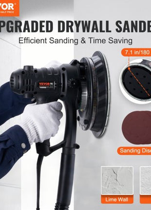Drywall Sander, 800W Electric Sander with 12 Sanding Discs, Variable Speed 1200-2300 RPM Wall Sander with Automatic Vacuum Dust Collection System, Double LED Lights, Dust Bag, Detachable Edge