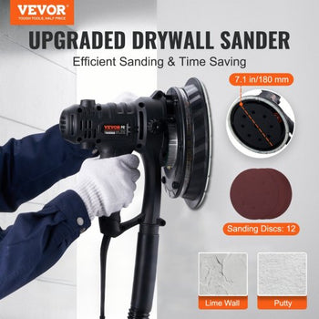 Drywall Sander, 800W Electric Sander with 12 Sanding Discs, Variable Speed 1200-2300 RPM Wall Sander with Automatic Vacuum Dust Collection System, Double LED Lights, Dust Bag, Detachable Edge