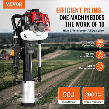 52cc Gas-Powered T Post Driver, 2-Stroke Engine Gasoline Fence Piling Pounder, 1300W Portable Piledriver with 3 Post Driving Head(49/69/100 mm) , For Farm, Ranch Fencing, Road Improvements