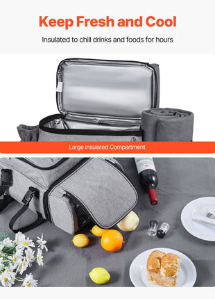 Picnic Backpack, Beach Picnic Backpack Bag for 4 Person with Insulated Cooler Compartment, Detachable Bottle/ Holder, Lightweight Blanket, Plates and Cutlery Set for Hiking & Camping, Grey