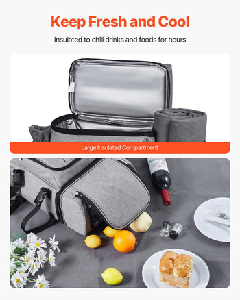Picnic Backpack, Beach Picnic Backpack Bag for 4 Person with Insulated Cooler Compartment, Detachable Bottle/ Holder, Lightweight Blanket, Plates and Cutlery Set for Hiking & Camping, Grey