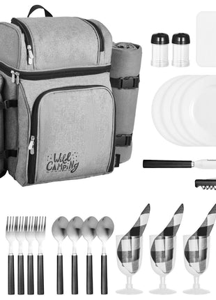 Picnic Backpack, Beach Picnic Backpack Bag for 4 Person with Insulated Cooler Compartment, Detachable Bottle/ Holder, Lightweight Blanket, Plates and Cutlery Set for Hiking & Camping, Grey