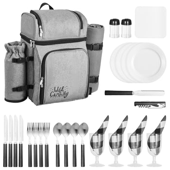 Picnic Backpack, Beach Picnic Backpack Bag for 4 Person with Insulated Cooler Compartment, Detachable Bottle/ Holder, Lightweight Blanket, Plates and Cutlery Set for Hiking & Camping, Grey