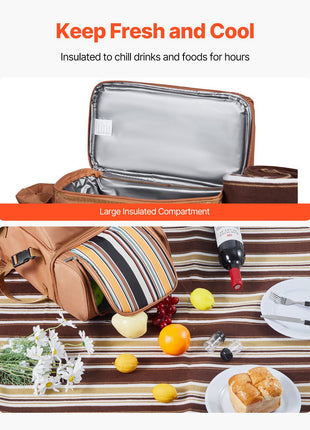 Picnic Backpack, Beach Picnic Backpack Bag for 4 Person with Insulated Cooler Compartment, Detachable Bottle/ Holder, Lightweight Blanket, Plates and Cutlery Set for Hiking & Camping, Brown