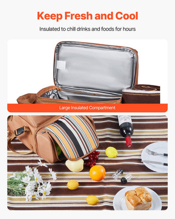 Picnic Backpack, Beach Picnic Backpack Bag for 4 Person with Insulated Cooler Compartment, Detachable Bottle/ Holder, Lightweight Blanket, Plates and Cutlery Set for Hiking & Camping, Brown