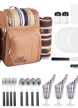 Picnic Backpack, Beach Picnic Backpack Bag for 4 Person with Insulated Cooler Compartment, Detachable Bottle/ Holder, Lightweight Blanket, Plates and Cutlery Set for Hiking & Camping, Brown