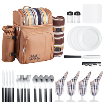 Picnic Backpack, Beach Picnic Backpack Bag for 4 Person with Insulated Cooler Compartment, Detachable Bottle/ Holder, Lightweight Blanket, Plates and Cutlery Set for Hiking & Camping, Brown