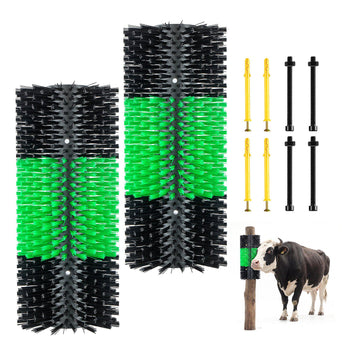 Livestock Scratching Brush, 2PCS Goat Scratcher Brush Post with 8 Screws, 16.9" x 7.5" Cow Scratcher for Back Itch Relief, Massage Grooming Scratch Tool for Horse Cattle Sheep Pig, Green & Black