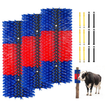 Livestock Scratching Brush, 3PCS Goat Scratcher Brush Post with 12 Screws, 16.9" x 7.5" Cow Scratcher for Back Itch Relief, Massage Grooming Scratch Tool for Horse Cattle Sheep Pig, Blue & Red