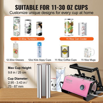 Mug Heat Press, 11-30oz Tumbler Heat Press Machine, Sublimation Transfer Straight Skinny Tumblers, Cup Heat Press with Heat-resist Gloves & Tape, DIY Ceramic Mugs Cups Glasses, As Gift, Pink