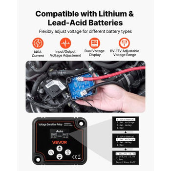 Dual Battery Isolator Kit, 12V 140 Amp 20 ft 6AWG, Manual and Automatic VSR Voltage Sensitive Relay with Voltmeter, LCD Screen, Smart Battery Isolator, Compatible with Lithium Batteries, for UTV