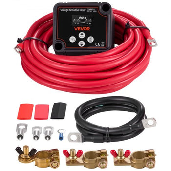Dual Battery Isolator Kit, 12V 140 Amp 20 ft 6AWG, Manual and Automatic VSR Voltage Sensitive Relay with Voltmeter, LCD Screen, Smart Battery Isolator, Compatible with Lithium Batteries, for UTV