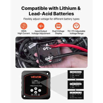 Dual Battery Isolator Kit, 12V 300 Amp 20 ft 2AWG, Manual and Automatic VSR Voltage Sensitive Relay with Voltmeter, LCD Screen, Smart Battery Isolator, Compatible with Lithium Batteries, for UTV