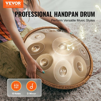 Handpan Drum, 22 in & 10 Notes, D Minor Hand Drum, Hand Pan Drum Instrument with Mallets, 432Hz Handpan Stand & Carry Bag, Steel Healing Sound Drum, Percussion Instruments for Adults Beginners