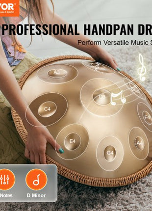 Handpan Drum, 22 in & 9 Notes, D Minor Hand Drum, Hand Pan Drum Instrument with Mallets, 440Hz Handpan Stand & Carry Bag, Steel Healing Sound Drum, Percussion Instruments for Adults Beginners