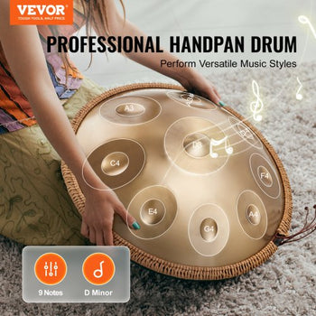 Handpan Drum, 22 in & 9 Notes, D Minor Hand Drum, Hand Pan Drum Instrument with Mallets, 440Hz Handpan Stand & Carry Bag, Steel Healing Sound Drum, Percussion Instruments for Adults Beginners
