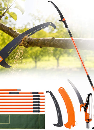 Orange and black pole saw with serrated blade, extendable reach, perfect for pruning trees and gardening.