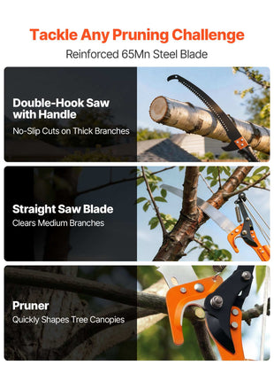 Reinforced 65Mn steel pruning saw with ergonomic orange and black handle for easy cutting of thick branches.