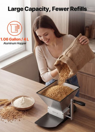 Manual Grain Mill, Homebrew Malt Grinder, Adjustable Barley Mill Crusher for Wheat Beer Brewing - with 2 Stainless Steel Rollers, 1.06 Gallon Hopper & Metal Base Plate