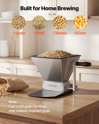Manual Grain Mill, Homebrew Malt Grinder, Adjustable Barley Mill Crusher for Wheat Beer Brewing - with 2 Stainless Steel Rollers, 1.06 Gallon Hopper & Metal Base Plate