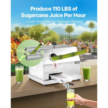 Commercial Sugar Cane Juicer, 110LBS/H High Output Sugarcane Juicer Machine with 3 Stainless Steel Rollers, 2.4" Large Inlet, Manual Sugar Cane Press Juice Extractor Squeezer for Home/Commercial