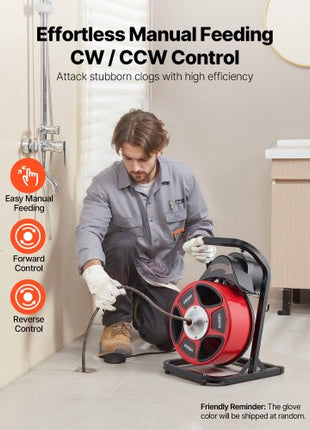 Drain Cleaner Machine 50 FT x 1/2 Inch, Manual Feed Sewer Snake Auger with 4 Cutters & Air-Activated Foot Switch for 2" to 6" Pipes