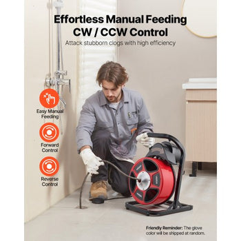 Drain Cleaner Machine 50 FT x 1/2 Inch, Manual Feed Sewer Snake Auger with 4 Cutters & Air-Activated Foot Switch for 2" to 6" Pipes