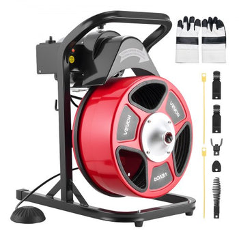 Drain Cleaner Machine 50 FT x 1/2 Inch, Manual Feed Sewer Snake Auger with 4 Cutters & Air-Activated Foot Switch for 2" to 6" Pipes