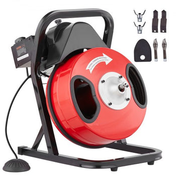 Drain Cleaner Machine 50FT x 1/2 Inch, Manual Feed Sewer Snake Auger - with 4 Cutters & Air-activated Foot Switch for 2" to 4" Pipes