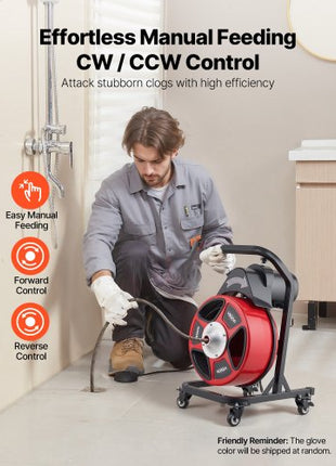 Drain Cleaner Machine 50 FT x 1/2 Inch, Manual Feed Sewer Snake Auger on Wheels - with 4 Cutters & Air-activated Foot Switch for 2" to 6" Pipes