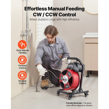 Drain Cleaner Machine 50 FT x 1/2 Inch, Manual Feed Sewer Snake Auger on Wheels - with 4 Cutters & Air-activated Foot Switch for 2" to 6" Pipes