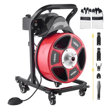 Drain Cleaner Machine 50 FT x 1/2 Inch, Manual Feed Sewer Snake Auger on Wheels - with 4 Cutters & Air-activated Foot Switch for 2" to 6" Pipes