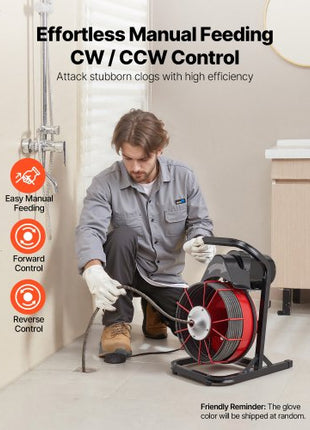 Drain Cleaner Machine 75 FT x 3/8 Inch, Sewer Snake Auger Manual Feed with 4 Cutters & Air-activated Foot Switch for 2" to 4" Pipes