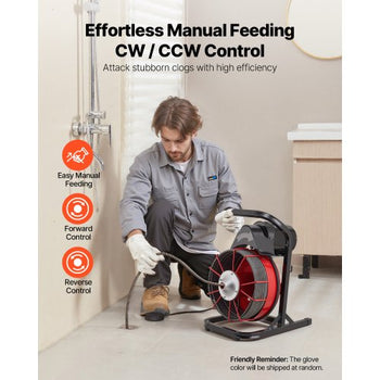 Drain Cleaner Machine 75 FT x 3/8 Inch, Sewer Snake Auger Manual Feed with 4 Cutters & Air-activated Foot Switch for 2" to 4" Pipes