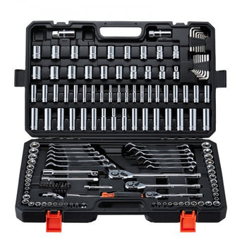Mechanics Tool Set, 159-Piece Mechanic Tool Kit, 1/4 in, 3/8 in, and 1/2 in Drive, SAE and Metric Socket Set, Wrenches, Screwdriver Bits, Accessories, and Storage Case, for Automotive Repair