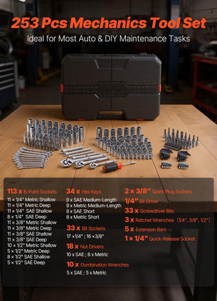 Mechanics Tool Set, 253-Piece Mechanic Tool Kit, 1/4 in, 3/8 in, and 1/2 in Drive, SAE and Metric Socket Set, Wrenches, Screwdriver Bits, Accessories, and Storage Case, for Automotive Repair