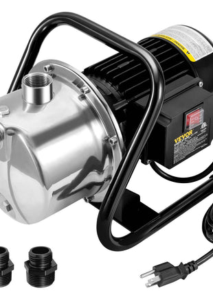 Stainless steel electric pump with a black metal frame, includes fittings; ideal for water transfer and irrigation.